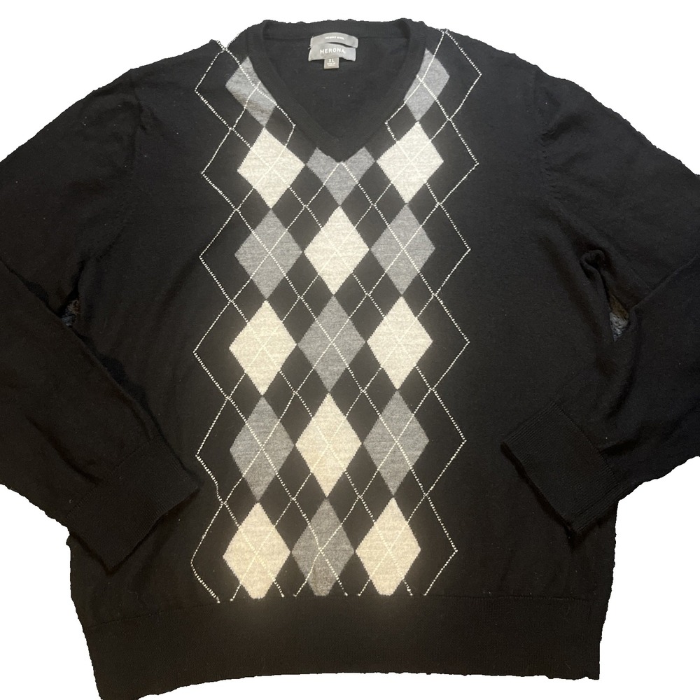 Merona Sweater Mens XL Black Argyle V-Neck Merino Wool Pullover Preppy Classic